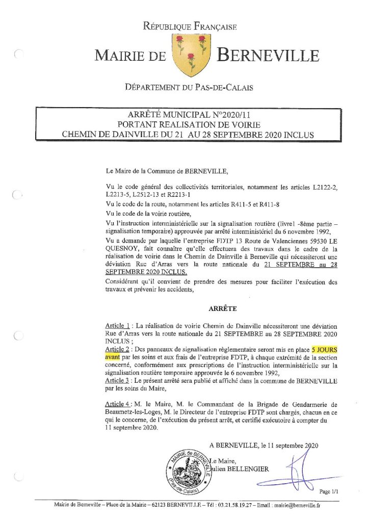 Arrêté municipal du 11 septembre 2020