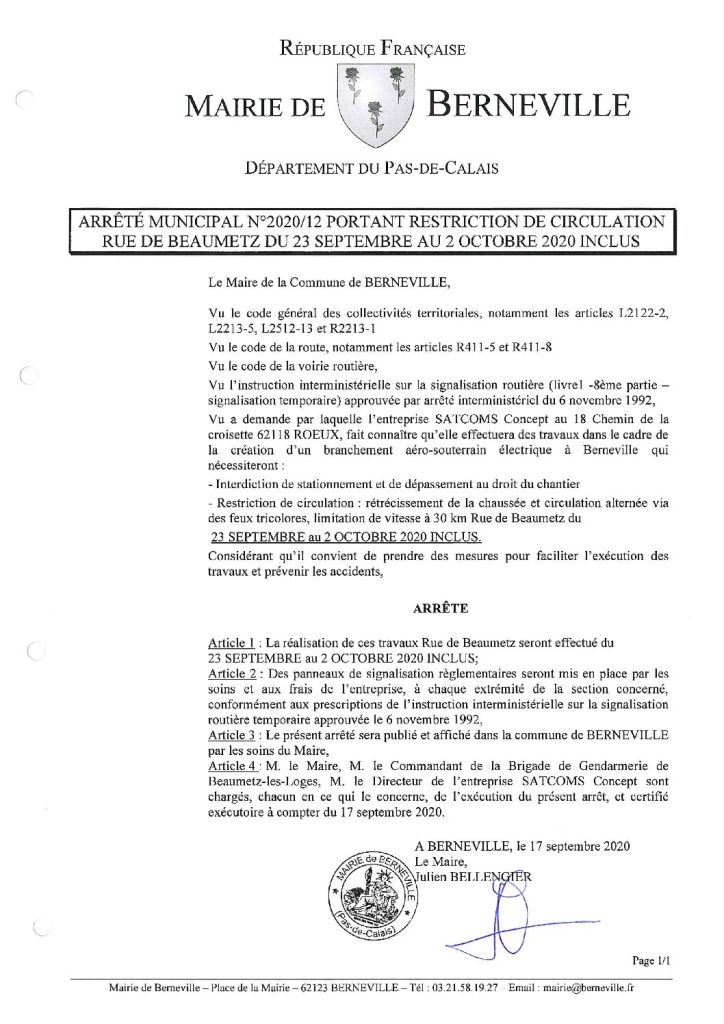 Arrêté municipal du 17 septembre 2020