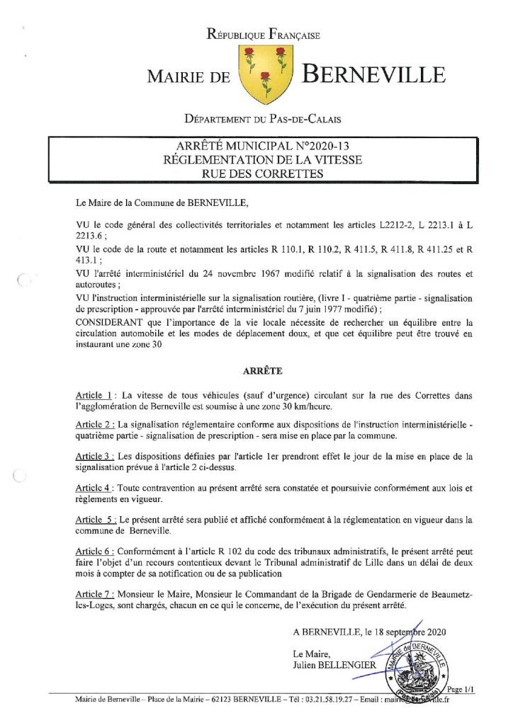 Arrêté municipal du 18 septembre 2020