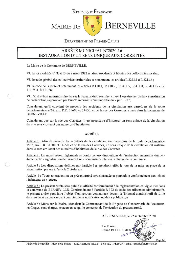 Arrêté municipal du 22 septembre 2020