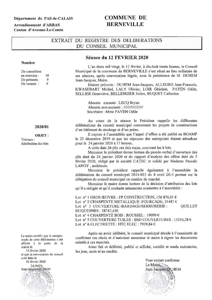 Délibération n°01 du 12 février 2020