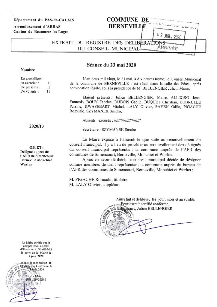 Délibération n°12 du 23 mai 2020
