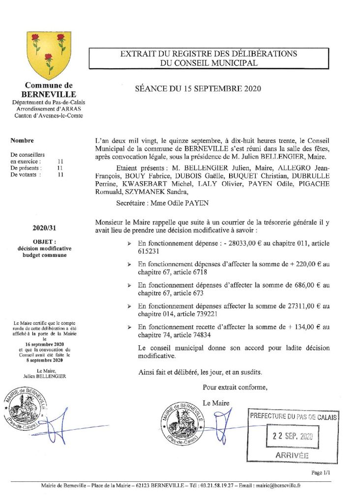 Délibération n°31 du 15 septembre 2020