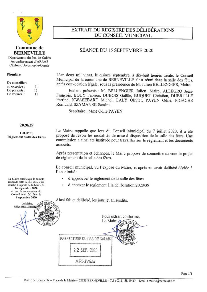 Délibération n°39 du 15 septembre 2020