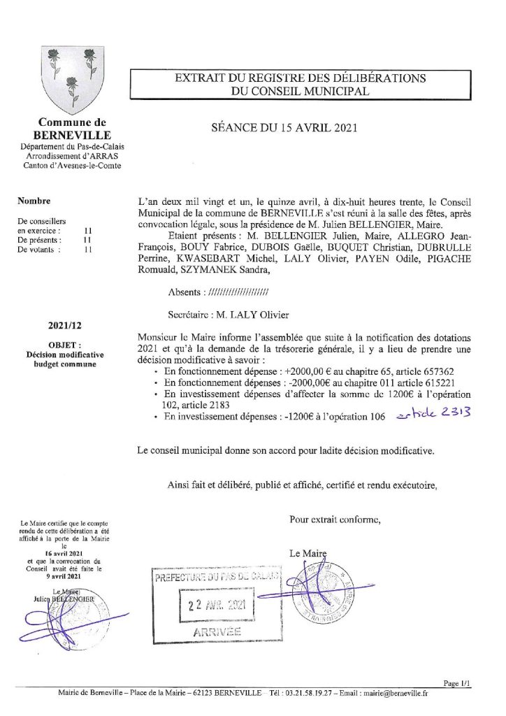 Délibération n°12 du 15 avril 2021