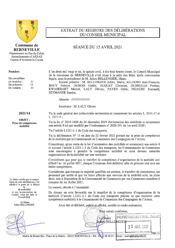 Délibération n°14 du 15 avril 2021