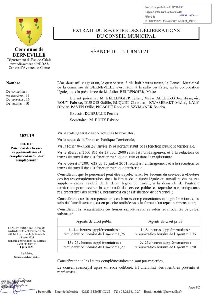 Délibération n°19 du 15 juin 2021