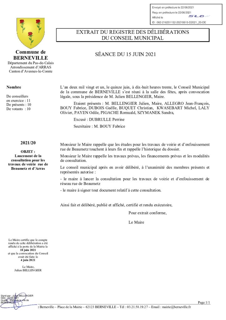 Délibération n°20 du 15 juin 2021