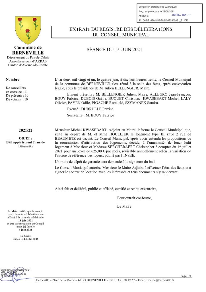 Délibération n°22 du 15 juin 2021