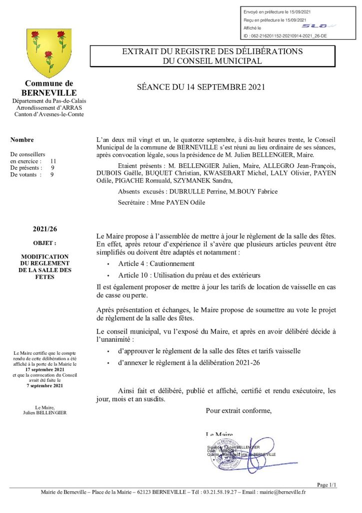 Délibération n°26 du 14 septembre 2021