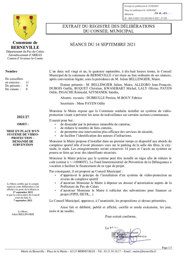 Délibération n°27 du 14 septembre 2021