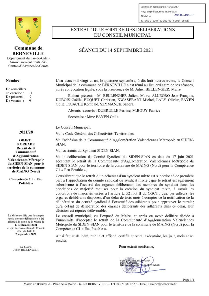 Délibération n°28 du 14 septembre 2021