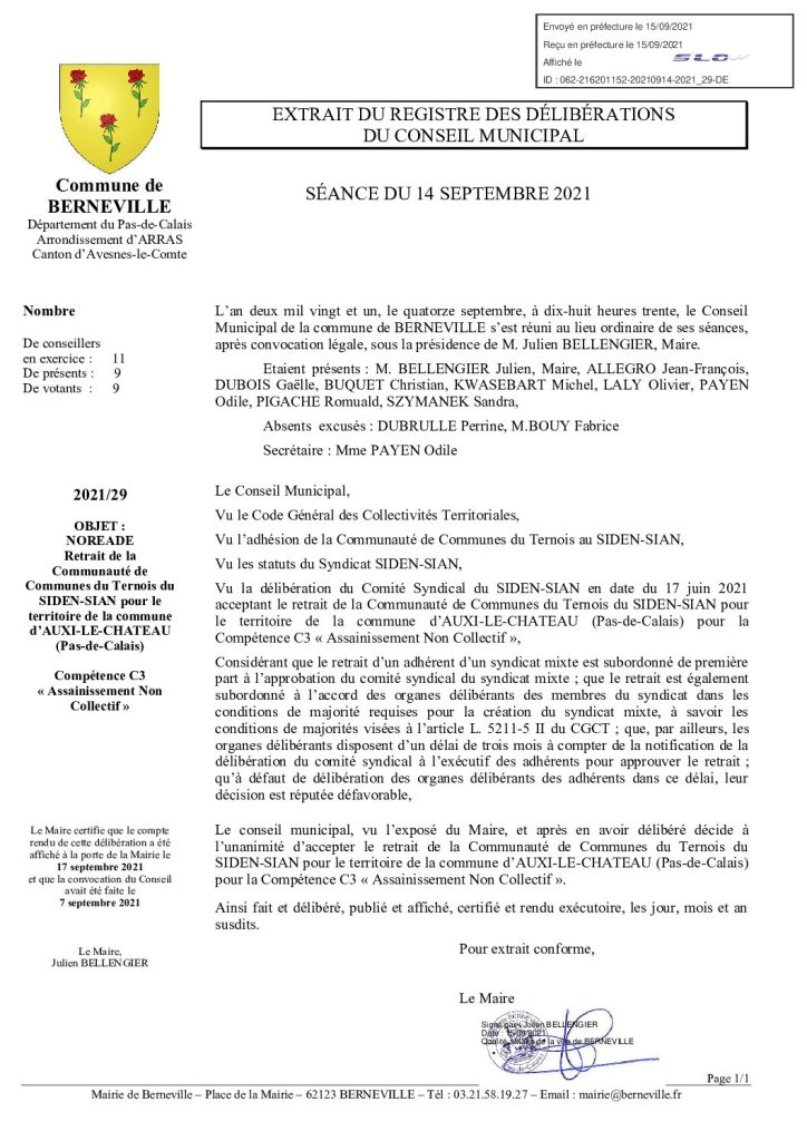 Délibération n°29 du 14 septembre 2021