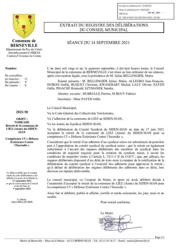 Délibération n°30 du 14 septembre 2021