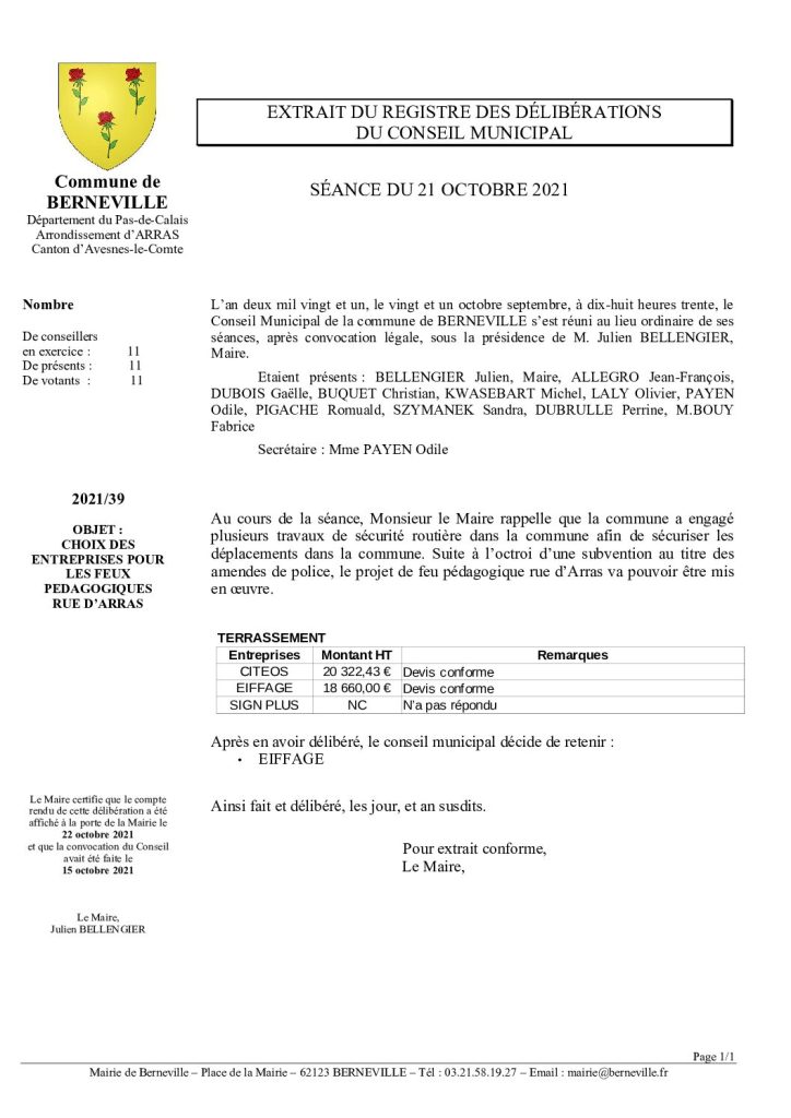 Délibération n°39 du 21 octobre 2021