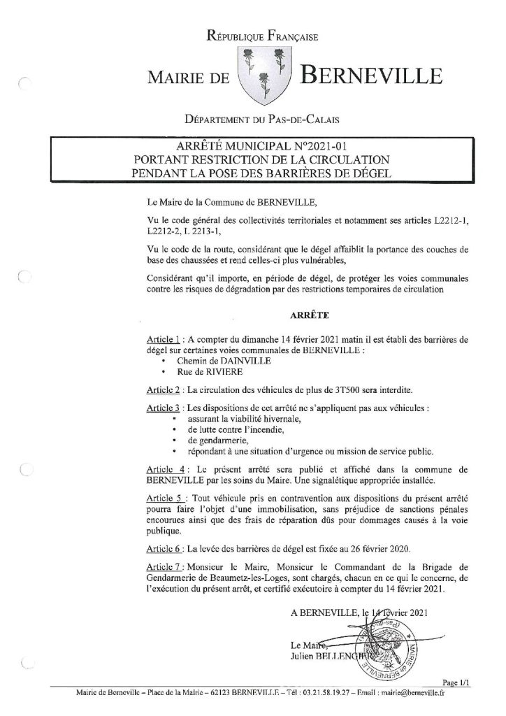 Arrêté municipal du 14 février 2021