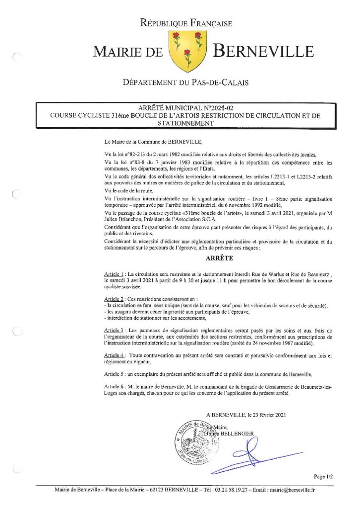 Arrêté municipal du 23 février 2021