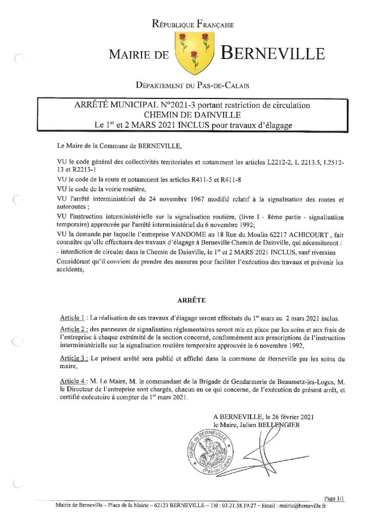 Arrêté municipal du 26 février 2021