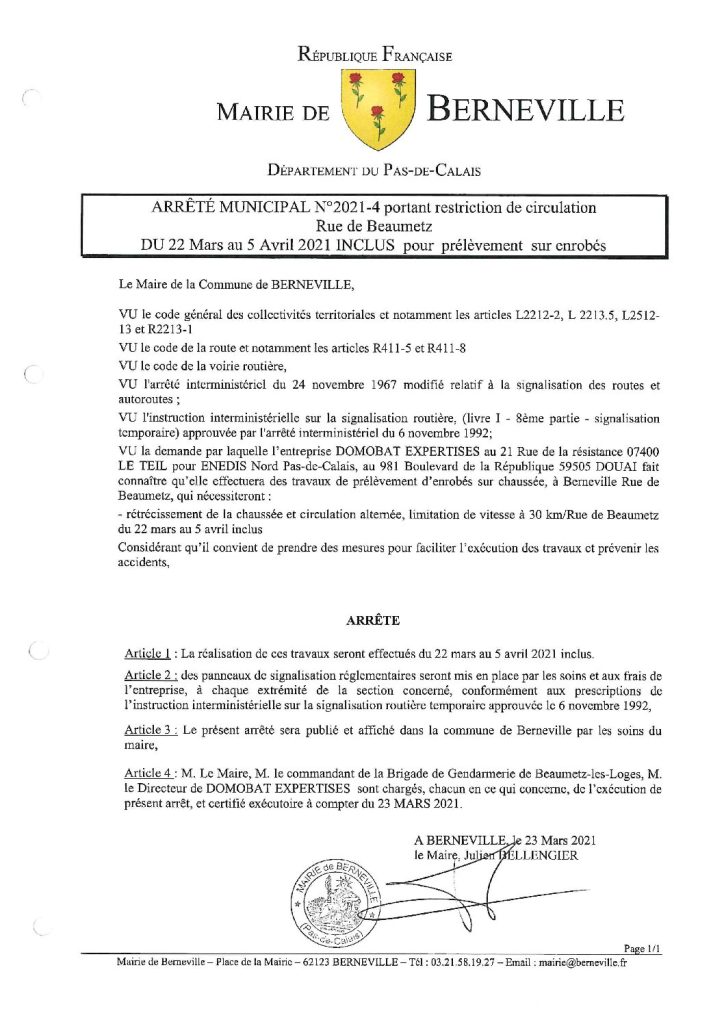 Arrêté municipal du 23 mars 2021