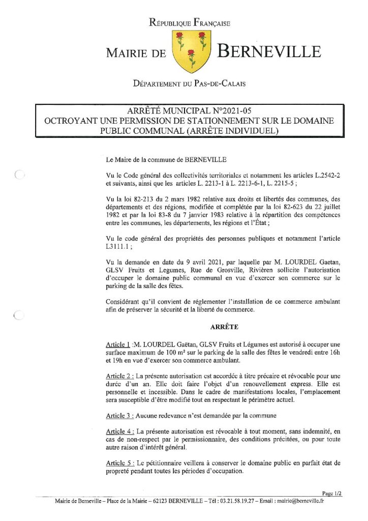 Arrêté municipal du 16 avril 2021