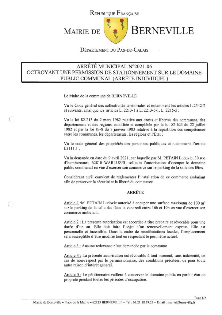 Arrêté municipal du 16 avril 2021