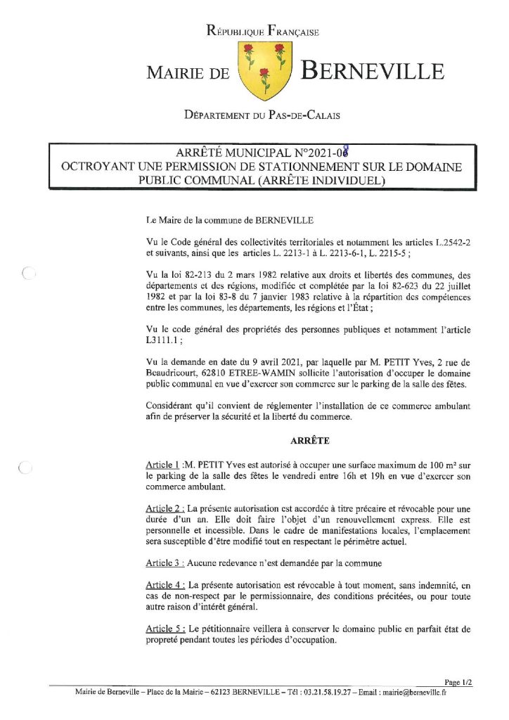 Arrêté municipal du 16 avril 2021