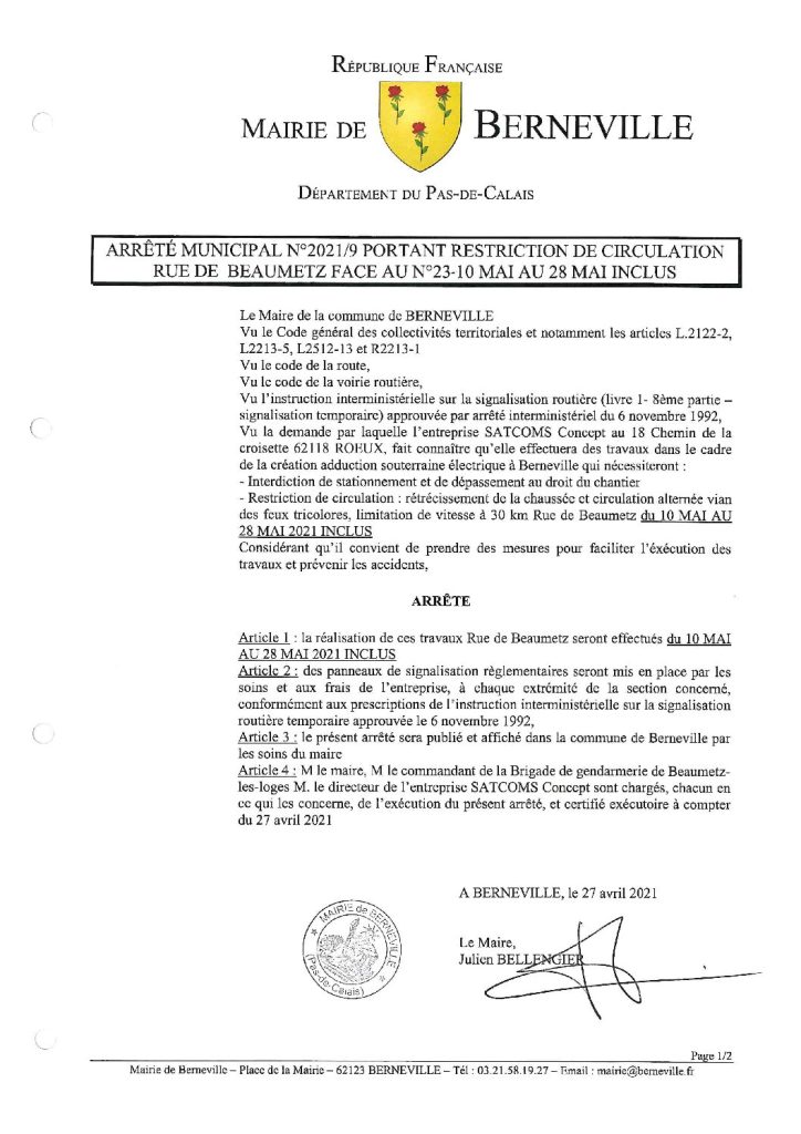 Arrêté municipal du 27 avril 2021