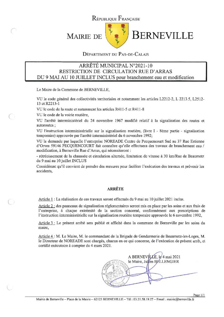 Arrêté municipal du 04 mai 2021