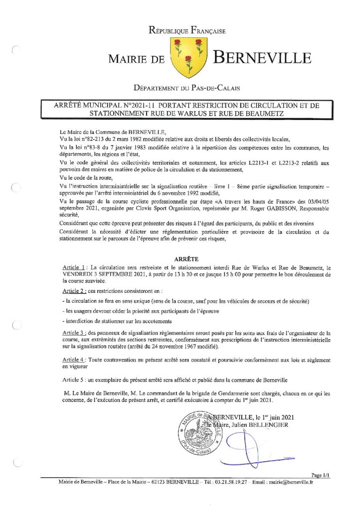 Arrêté municipal du 01 juin 2021