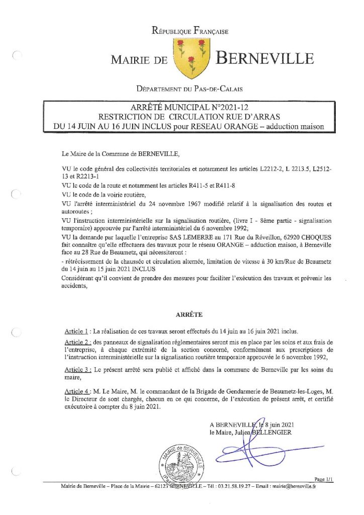 Arrêté municipal du 08 juin 2021