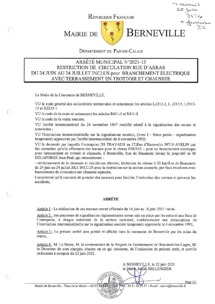 Arrêté municipal du 22 juin 2021
