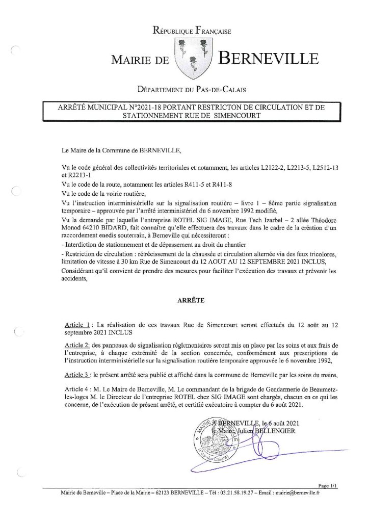 Arrêté municipal du 06 août 2021