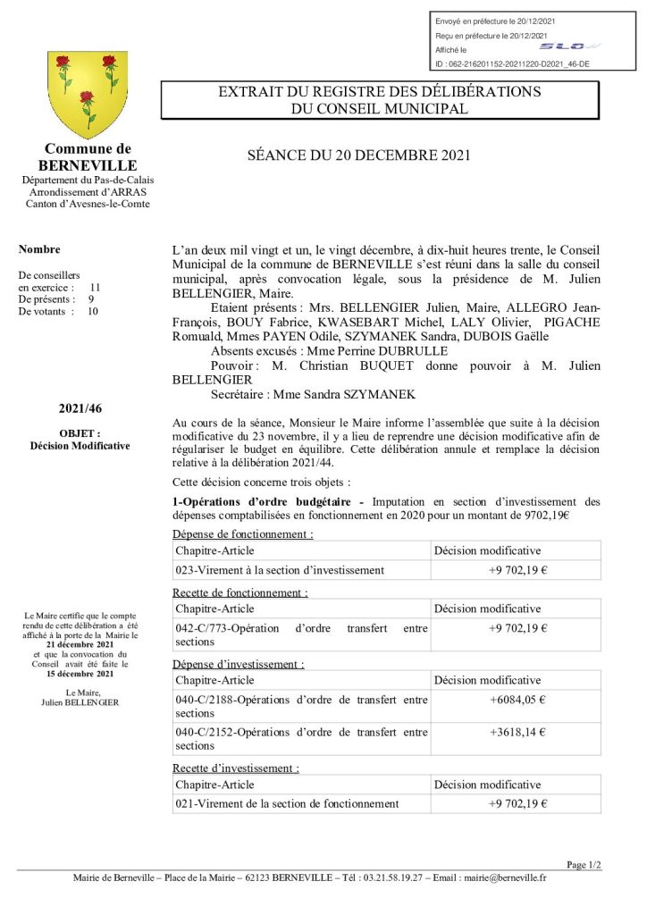 Délibération n°46 du 20 décembre 2021