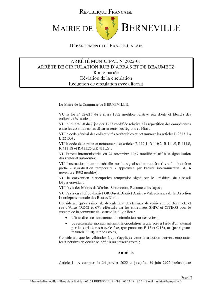 Arrêté municipal du 14 janvier 2022