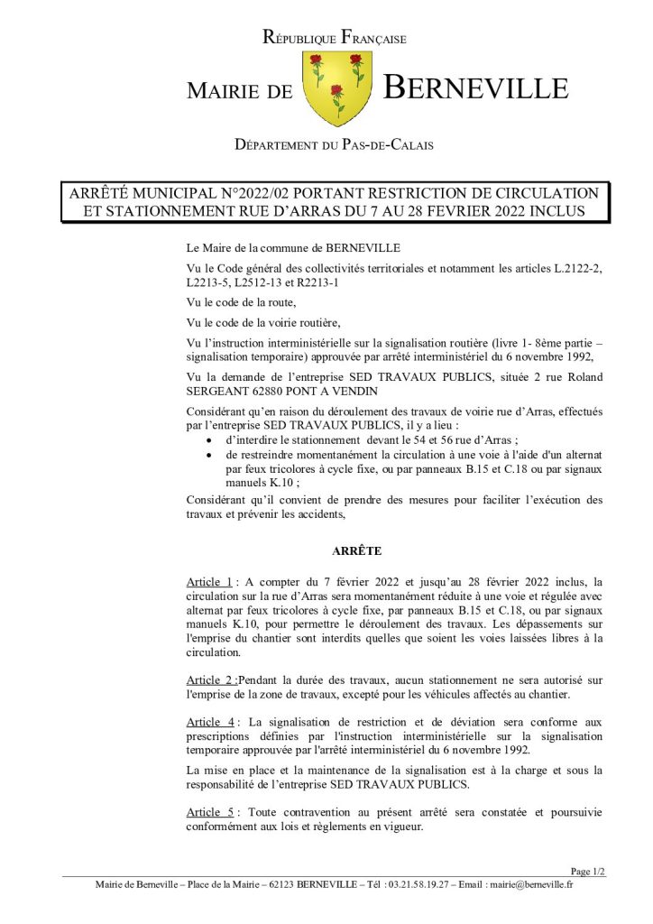 Arrêté municipal du 03 février 2022