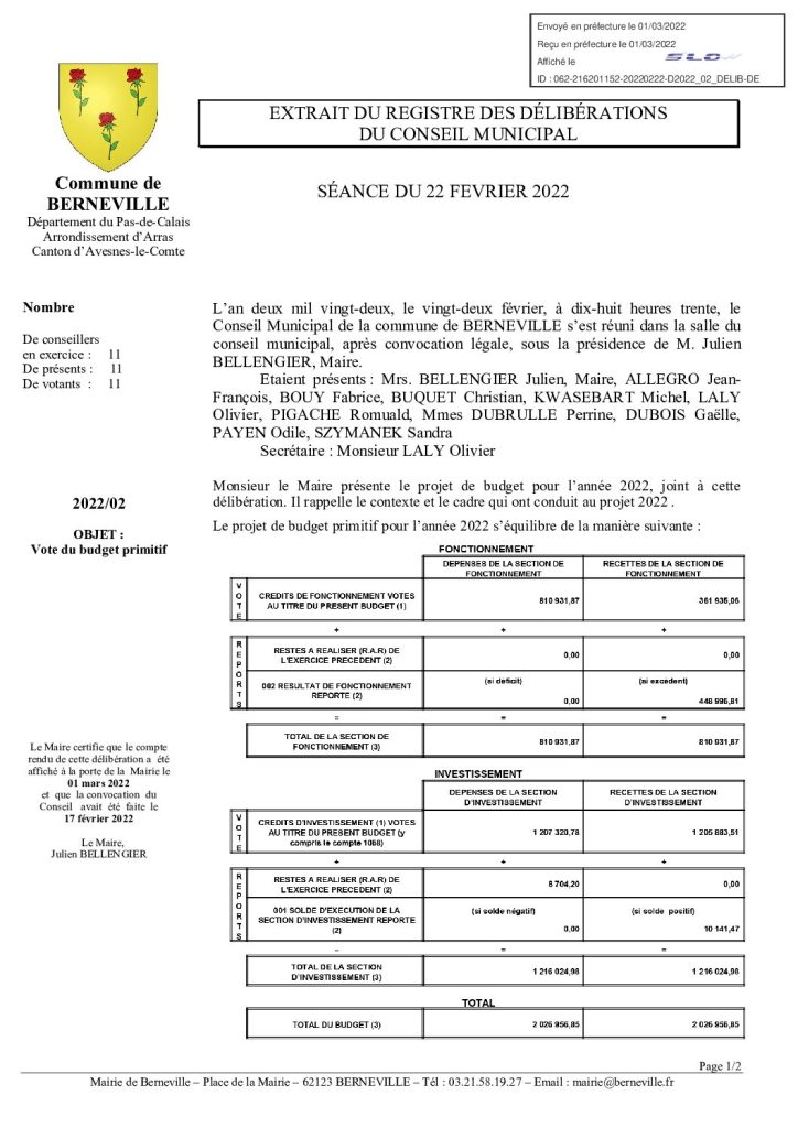 Délibération n°2 du 22 février 2022