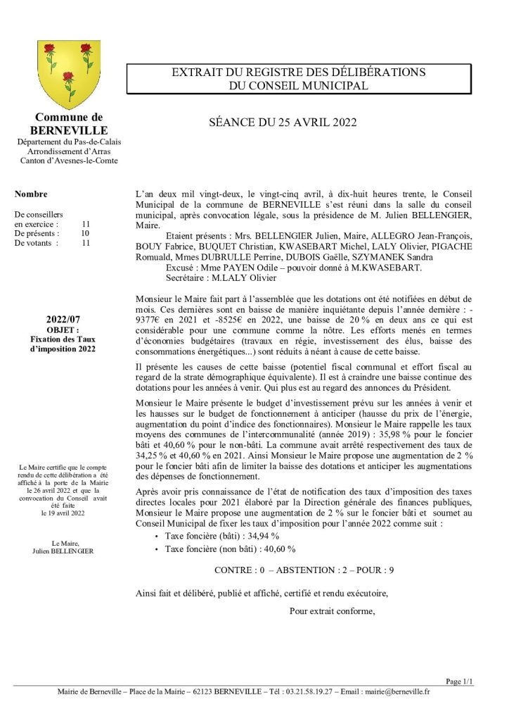 Délibération n°7 du 25 avril 2022