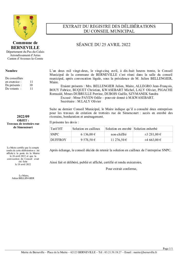 Délibération n°9 du 25 avril 2022