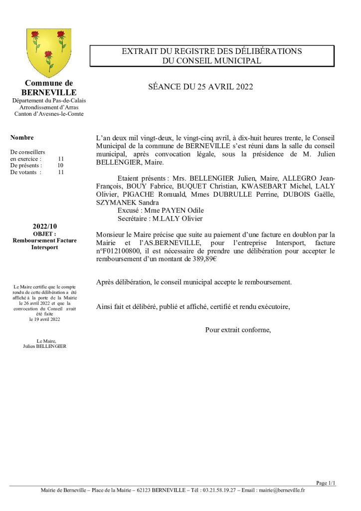 Délibération n°10 du 25 avril 2022