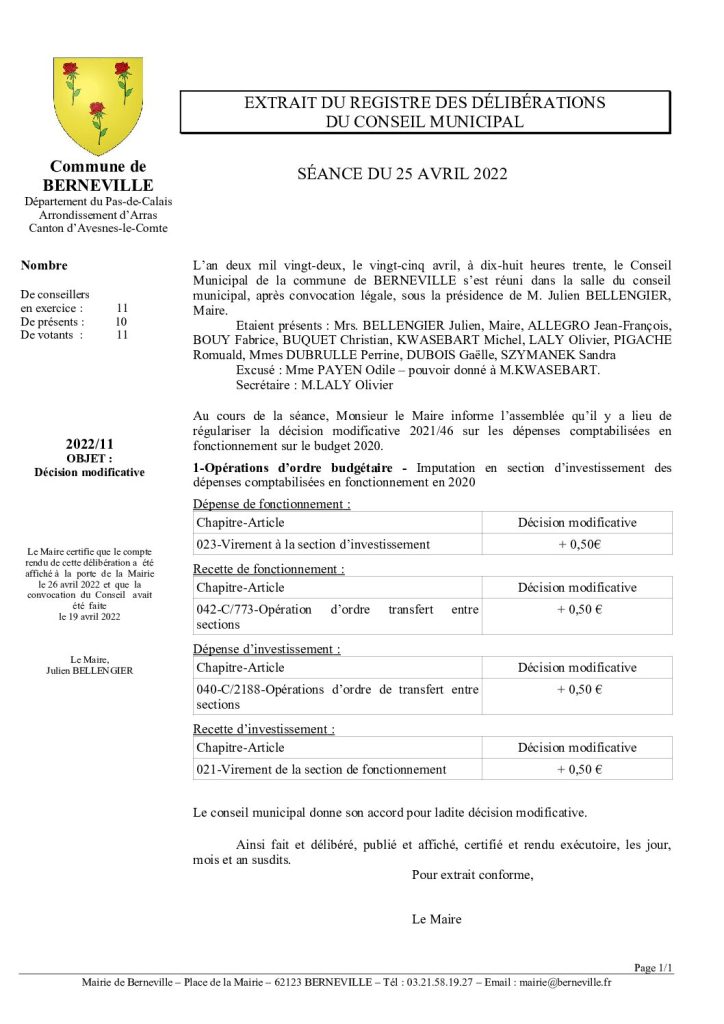 Délibération n°11 du 25 avril 2022