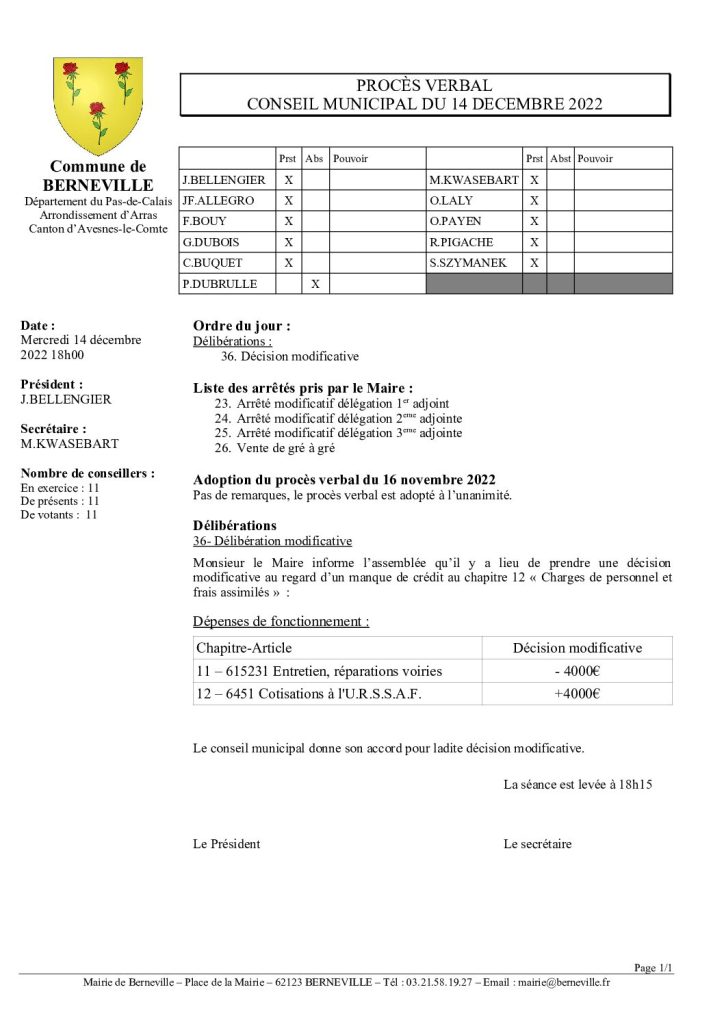 Compte rendu / PV du 14 décembre 2022