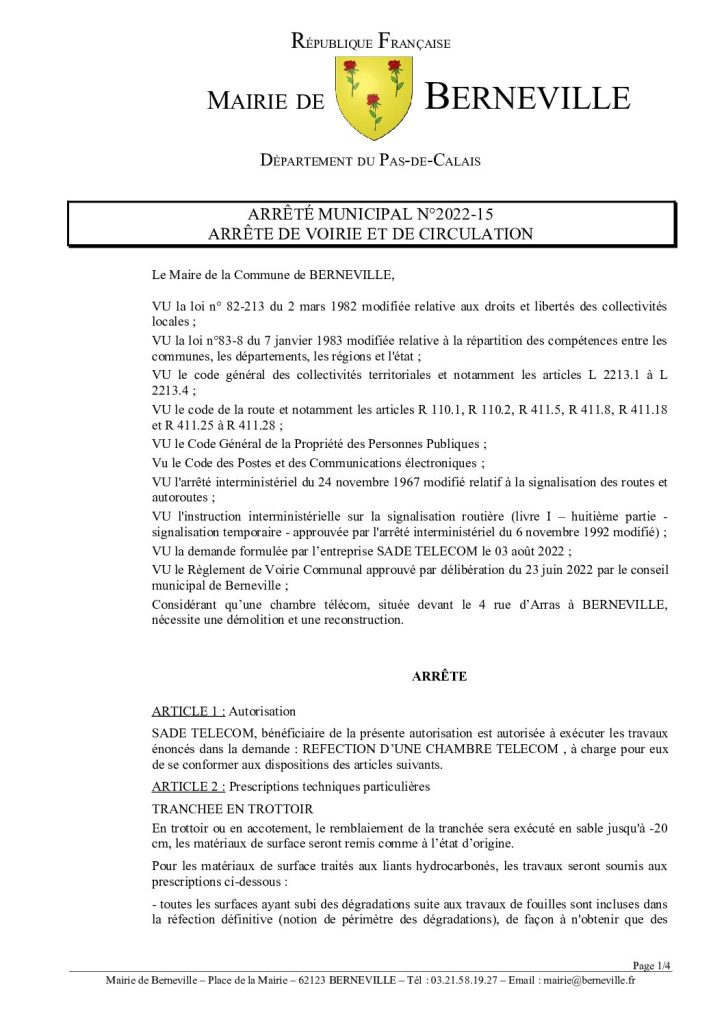 Arrêté municipal du 01 septembre 2022