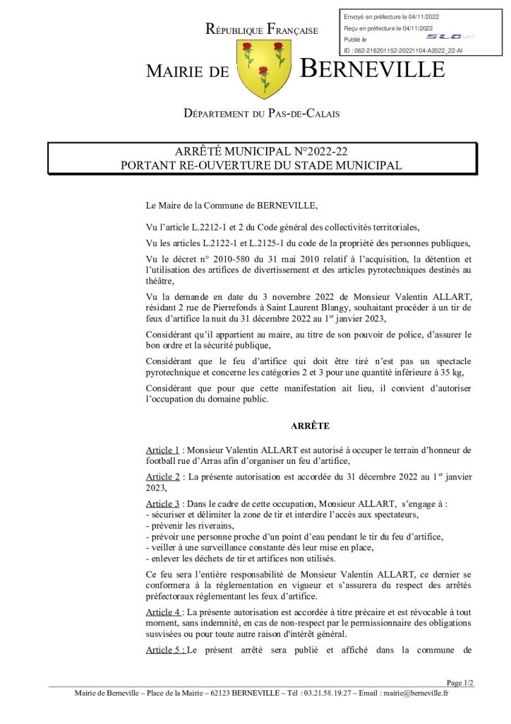 Arrêté municipal du 04 novembre 2022