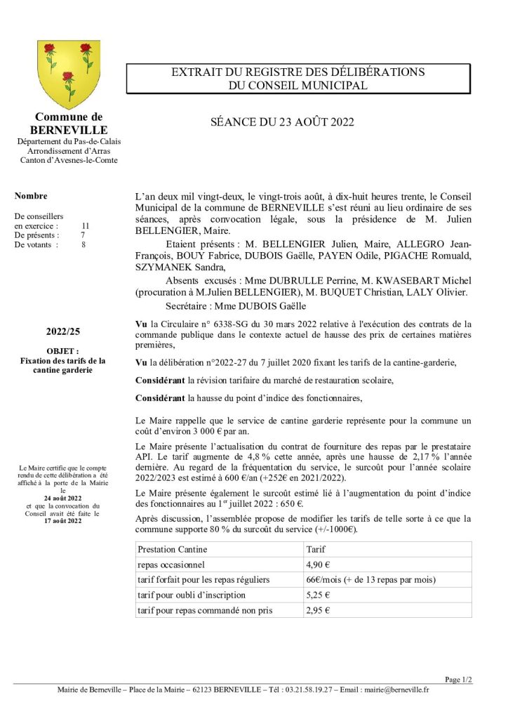 Délibération n°25 du 23 août 2022