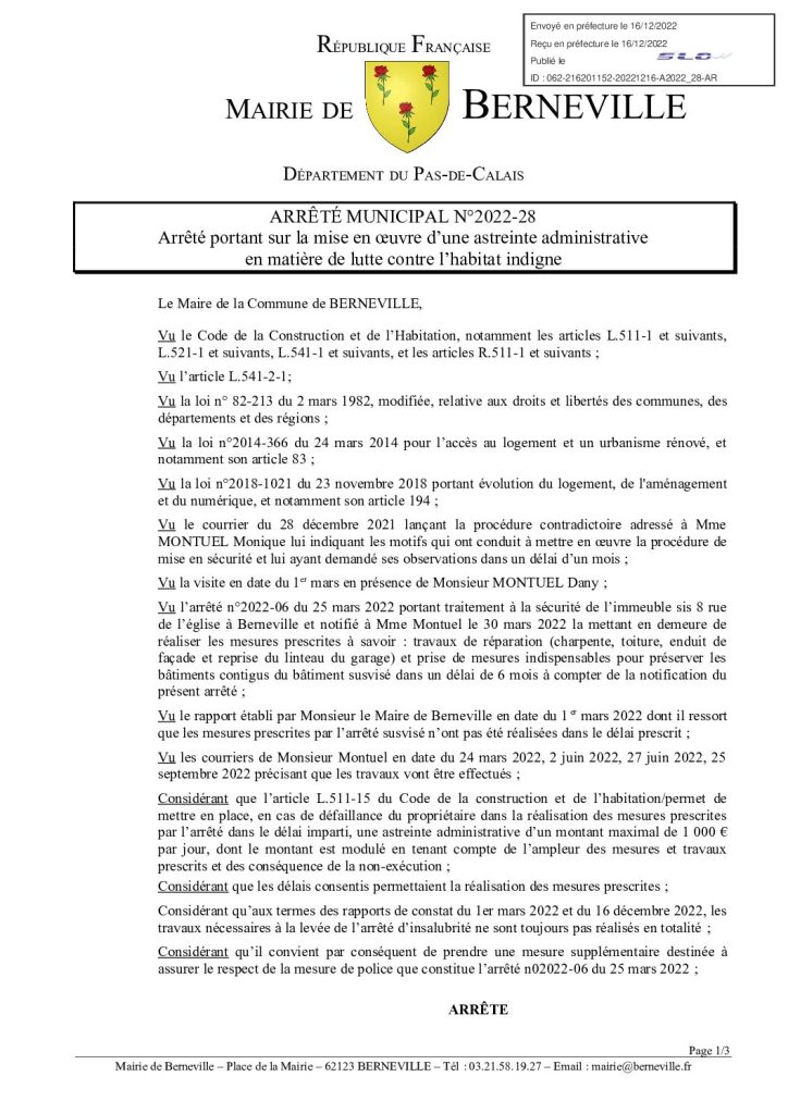 Arrêté municipal du 16 décembre 2022