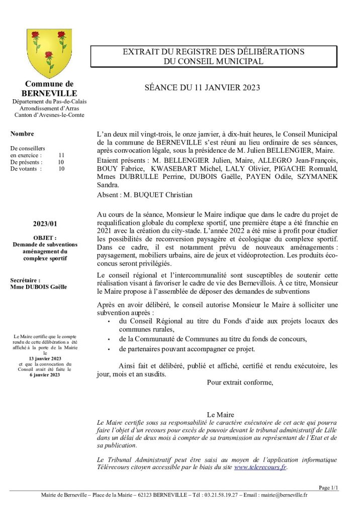 Délibération n°1 du 11 janvier 2023