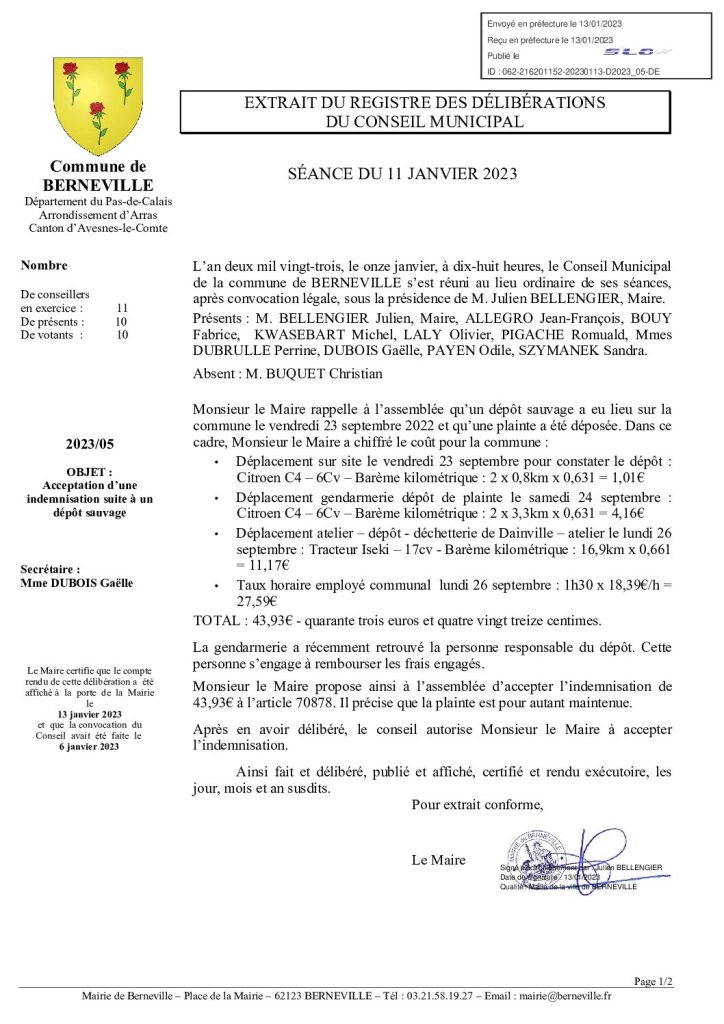 Délibération n°5 du 11 janvier 2023