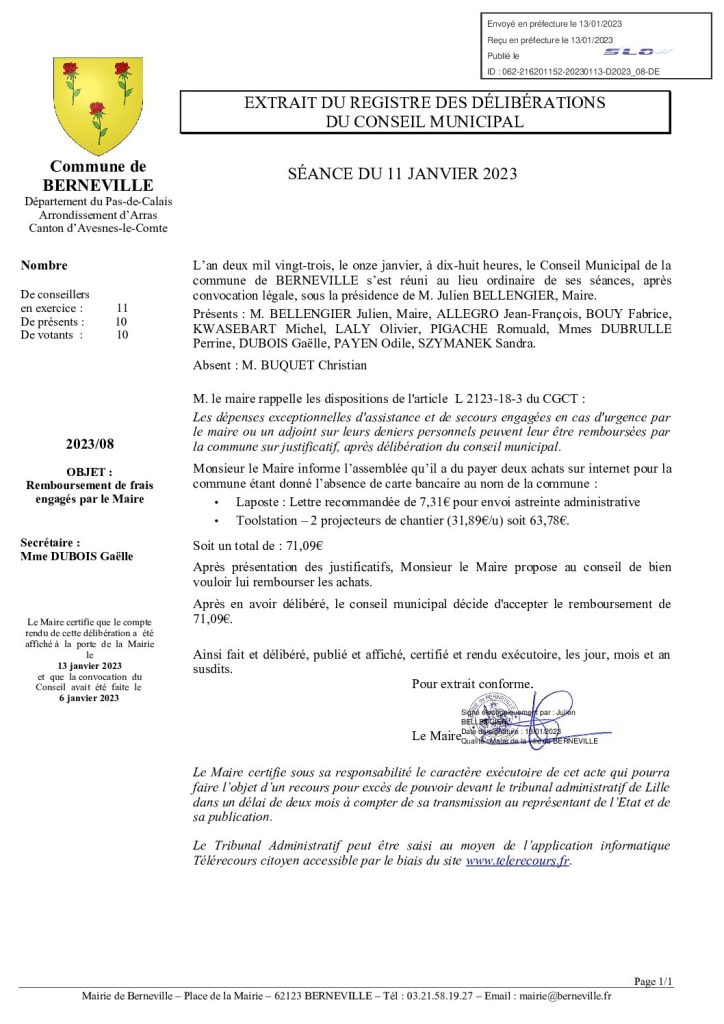 Délibération n°8 du 11 janvier 2023