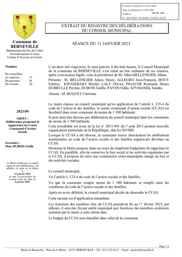 Délibération n°9 du 11 janvier 2023