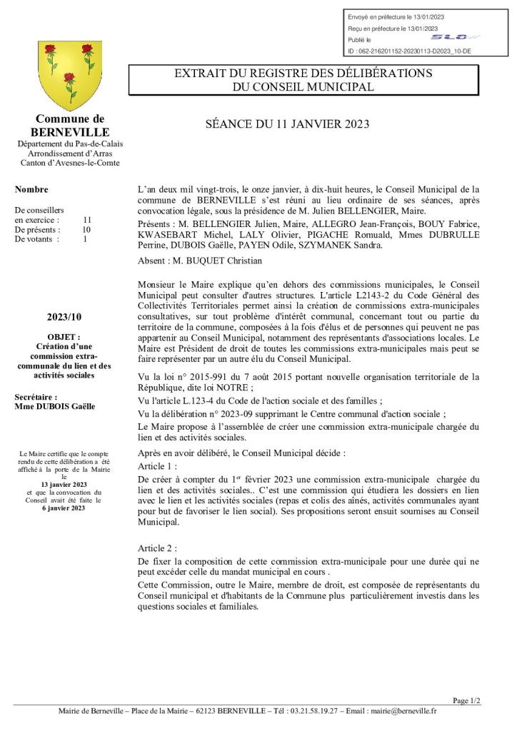 Délibération n°10 du 11 janvier 2023
